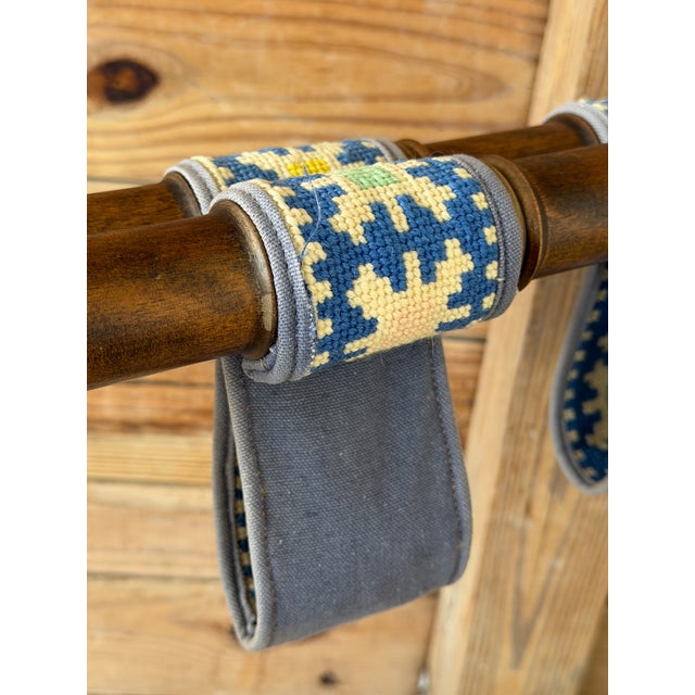 Coffee Vintage Walnut Faux Bamboo Folding Luggage Rack With Needlepoint Straps For Sale - Image 8 of 11