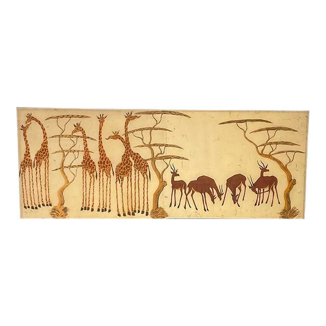 Vintage Large African Batik on Stretcher Artist Signed Wall Art Giraffes and Kudus For Sale