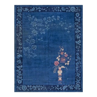 1920s Blue Floral Vase Design Antique Chinese Art Deco Rug 9' X 11'8" Carpet For Sale