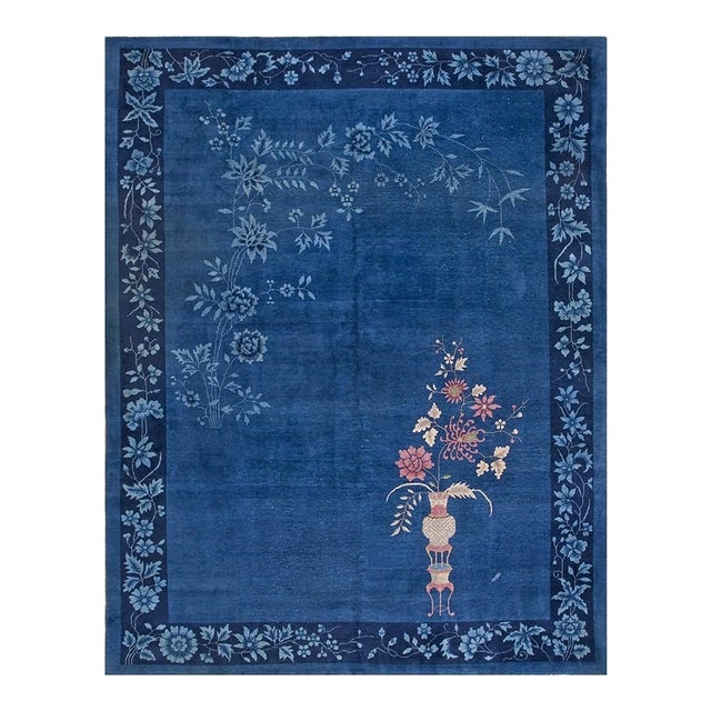 1920s Blue Floral Vase Design Antique Chinese Art Deco Rug 9' X 11'8" Carpet For Sale