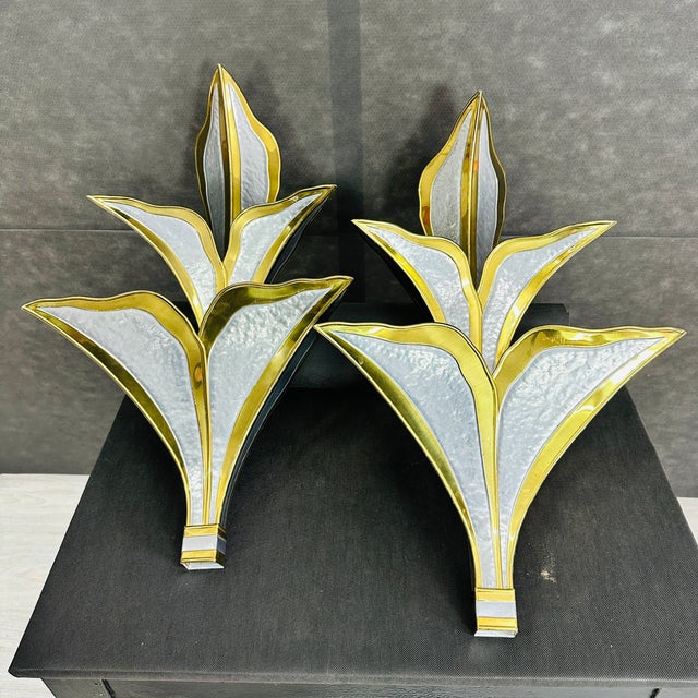 Dimensions: H 26.5” x W 15” x D 7” Pair of Vintage French wall sconce designed by Henri Fernandez in gold and silver...
