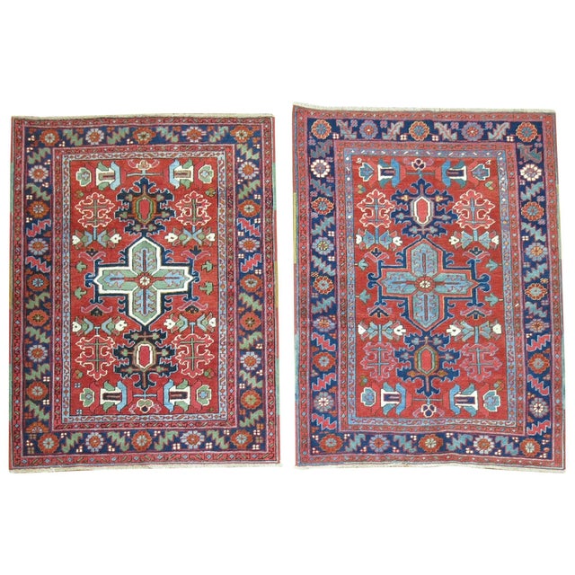 Red Pair of Antique Persian Serapi Heriz Square Rugs - 3'5" x 4'2" For Sale - Image 8 of 18