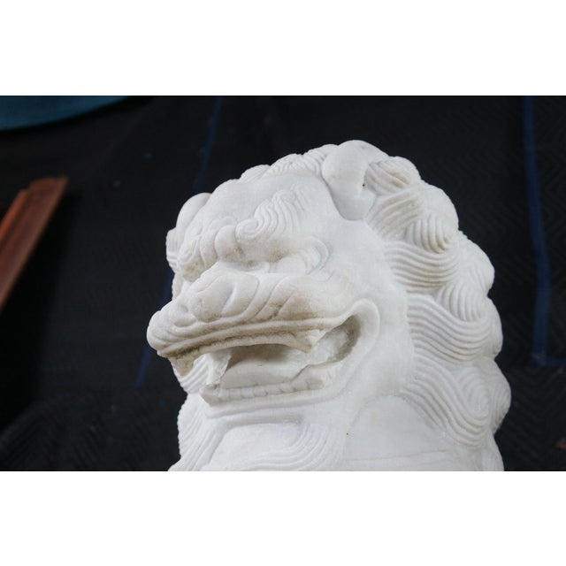 Mid 20th Century Pair of Chinese Marble Foo Dog Guardian Fu Lion Temple Garden Statues 41" For Sale - Image 4 of 18