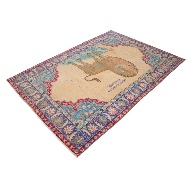 1950s Stunning Mid-Century Anatolian “Lion & Bird” Pictorial Rug | 4'10" X 6'11" For Sale - Image 9 of 14