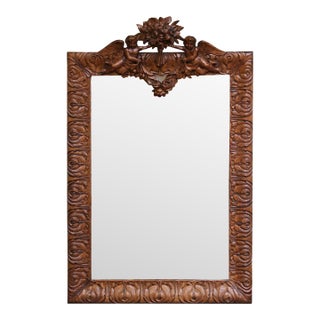 19th Century French Louis XV Carved Oak Wall Mirror With Cherub and Floral Decor For Sale