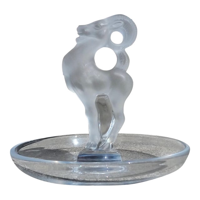 Lalique France Ring Tray Frosted Clear Ram Figurine For Sale