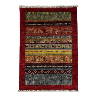 Red Khorjin Saddlebag Design Rug With Animal Motifs, 4'2" X 6' For Sale