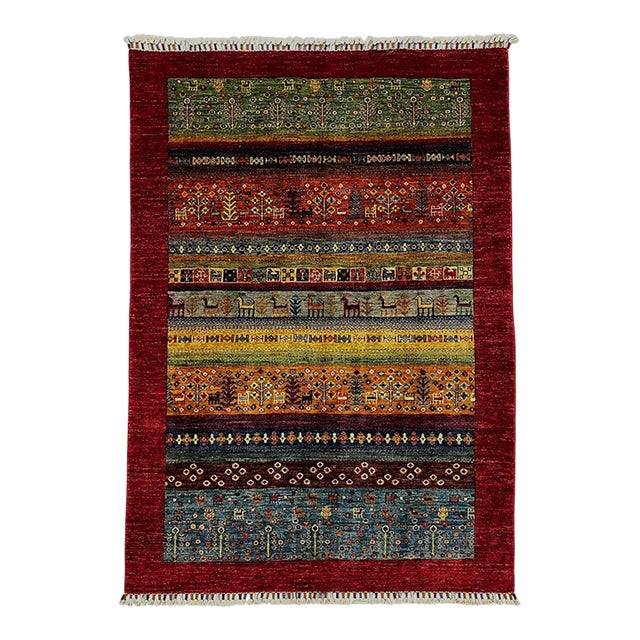 Red Khorjin Saddlebag Design Rug With Animal Motifs, 4'2" X 6' For Sale
