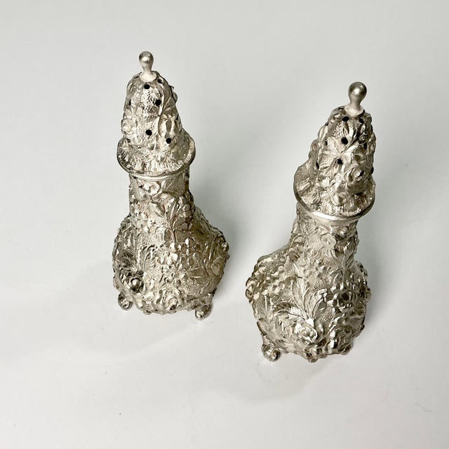 Vintage Hollywood Regency Chippendale Stieff Repousse Full Chased Sterling Footed Salt & Pepper Shakers - A Pair For Sale - Image 10 of 13