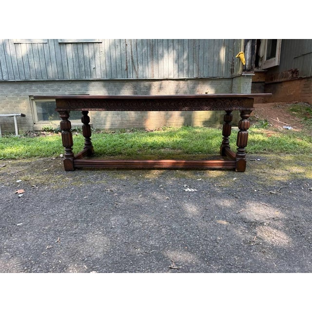 Antique English Farmhouse Refectory Style Oak Base Table Dining Library Table Desk For Sale - Image 9 of 15