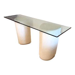 1980s Modernist Off-White Demi-Lune Plaster Double Pedestal Console Table With Glass Top For Sale