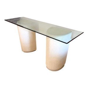 1980s Modernist Off-White Demi-Lune Plaster Double Pedestal Console Table With Glass Top