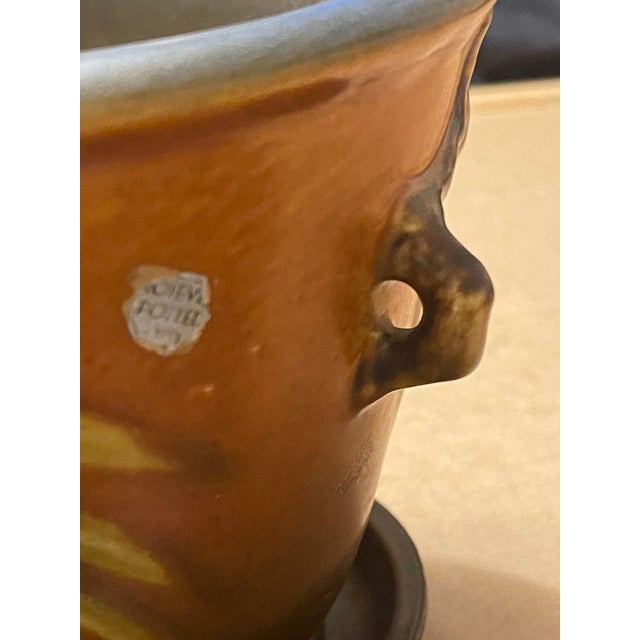 Art Deco 1930s Ext Rare #633-5 Roseville Pine Cone 2-Handled Flower Pot With Saucer Underplate Brown Green Blue Orig Stamp For Sale - Image 3 of 12