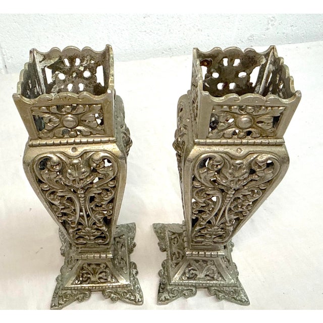 Brass Pair of Antique Victorian Reticulated Open Worked Nickel Plated Brass Vases For Sale - Image 8 of 11
