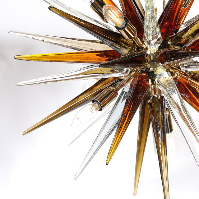 Modernist Mixed Hand-Blown Murano Glass Spike Form Sputnik Chandelier W/ Brass For Sale - Image 12 of 18