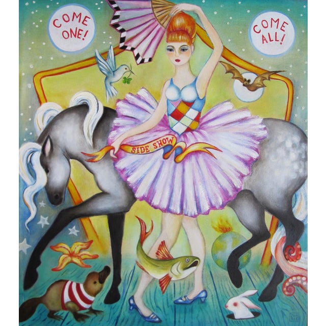 Side Show by Zoa Ace | Oil on canvas Girl in a tutu with animals and a horse in a circus setting. For Sale