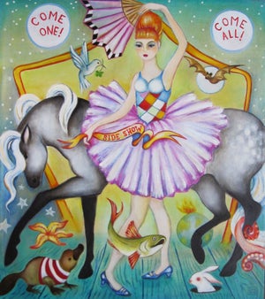 Side Show by Zoa Ace | Oil on canvas Girl in a tutu with animals and a horse in a circus setting.