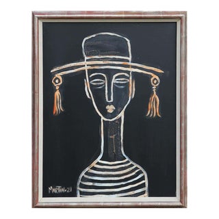 2021 Contemporary Abstract Brown and Black Contour Line Painting of a Figure in a Hat by Larry Martin For Sale
