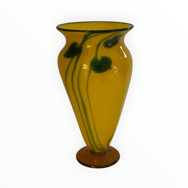 Traditional Rick Strini Signed 2004 Hand-Blown Art Glass Vase 11.25" Yellow, Amber & Green Botanical Design For Sale - Image 3 of 8