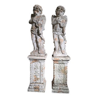 Antique Italian Terracotta Musical Cherubs on Pedestals, 1890, Set of 2 For Sale