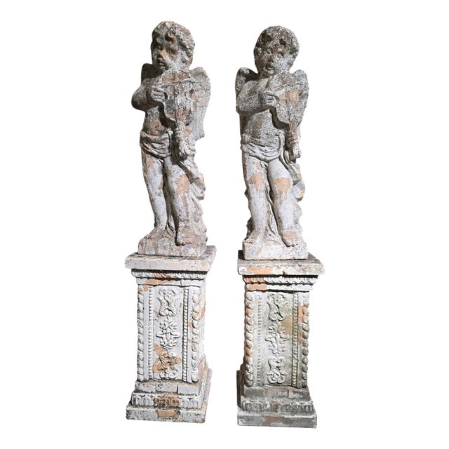 Antique Italian Terracotta Musical Cherubs on Pedestals, 1890, Set of 2 For Sale