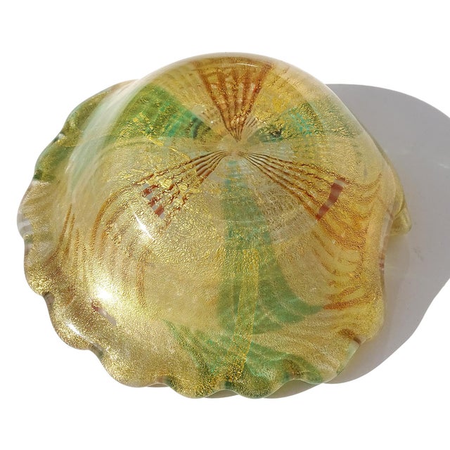 Vintage Murano Mosaic Green White Orange Stripes Gold Flecks Italian Art Glass Seashell Dish Bowl For Sale In Orlando - Image 6 of 6