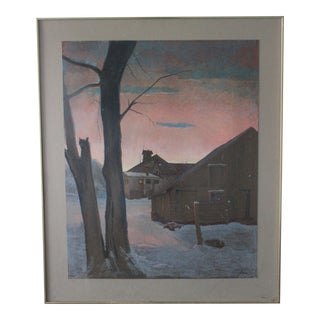 For Claudia Only - No Frame + Damage Repair Lower Left Corner 1980s Large Scale Oil Pastel Drawing "Snowy Barns" by Listed Artist John Elliot, For Sale