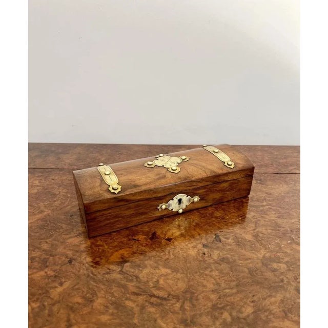 Antique Victorian quality burr walnut and brass mounted glove box having a quality burr walnut glove box with original...
