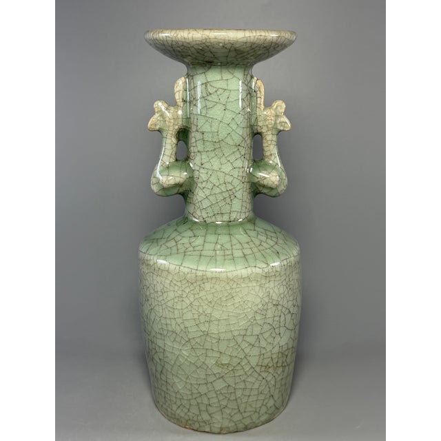 15th Century & Earlier Antique Chinese Longquan Celadon Vase With Twin Phoenix Ears For Sale - Image 5 of 7