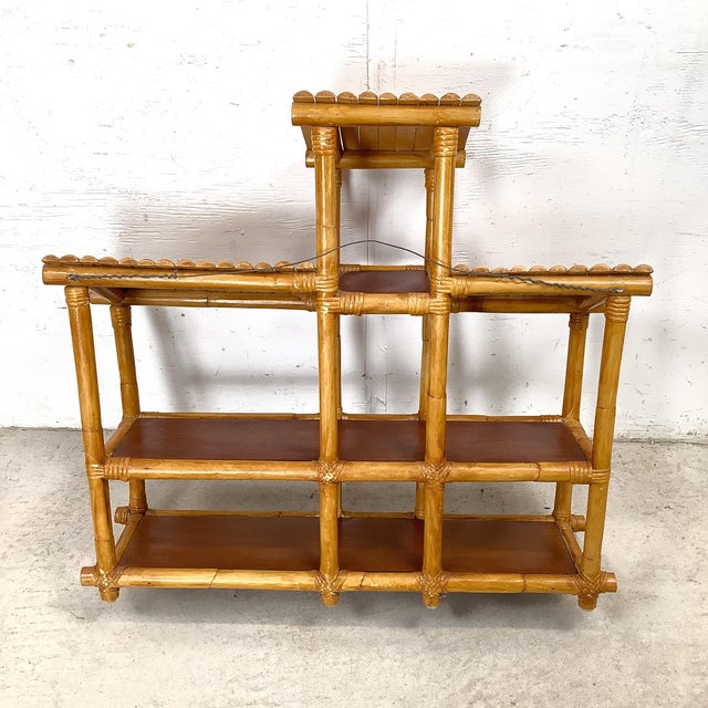 Boho Chic Vintage 1970s Bamboo Stepped Hanging Wall Shelf — Paul Frankl Skyscraper Style, Rattan Joints, Boho Chic For Sale - Image 3 of 12