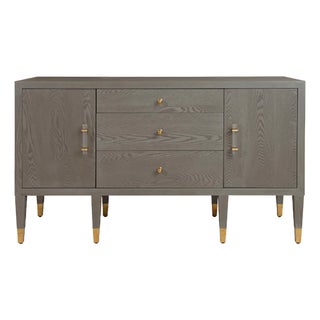 Matthew Izzo Home Amherst Smoke Grey Oak Three Drawer, Two Door Buffet With Brass Hardware For Sale