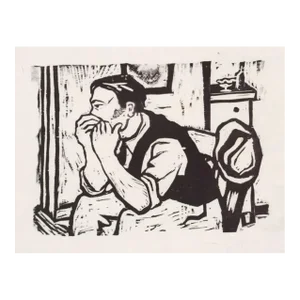 1960s Woodblock of a Man in a Chair