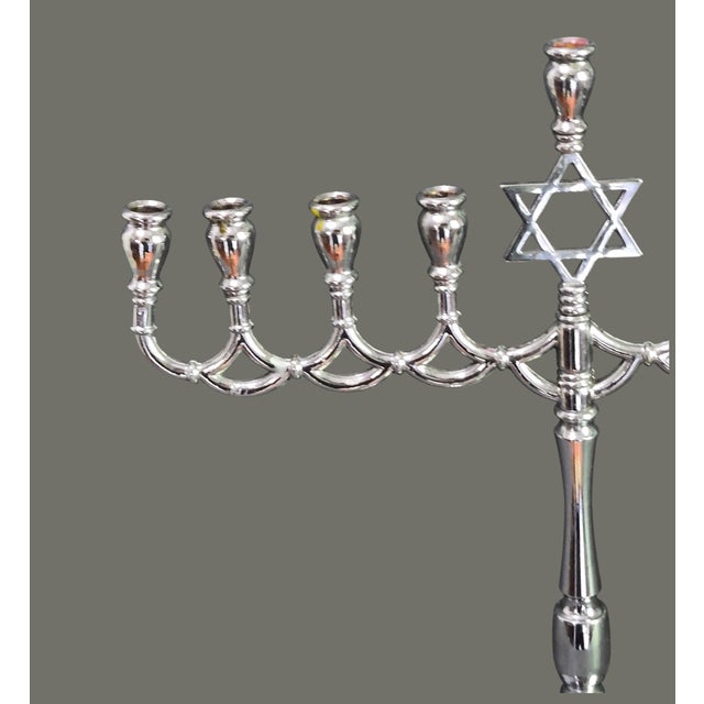 Vintage Judaica Hanukkah Menorah Candelabra Chrome Silver 9 Candle Star of David For Sale - Image 4 of 8