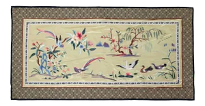 Vintage Chinese Silk Embroidered Cloth With Tropical Birds and Swans in Golden Lake