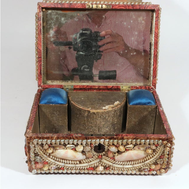 Victorian Shell Encrusted Box With Mirror and Pincushion Interior, 19th Century For Sale - Image 13 of 13