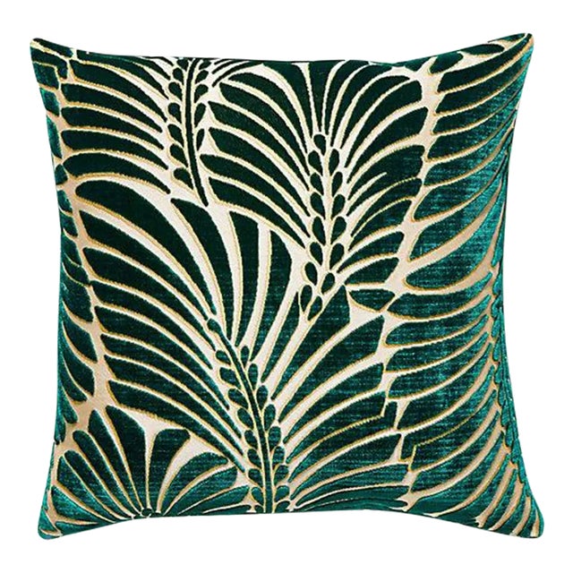 The House of Scalamandré Plumes Silk Velvet Pillow, Viridian For Sale