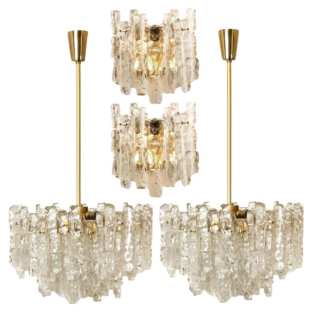Ice Glass Light Fixtures, 2 Wall Scones and 2 Chandeliers from Kalmar, Set of 4 For Sale