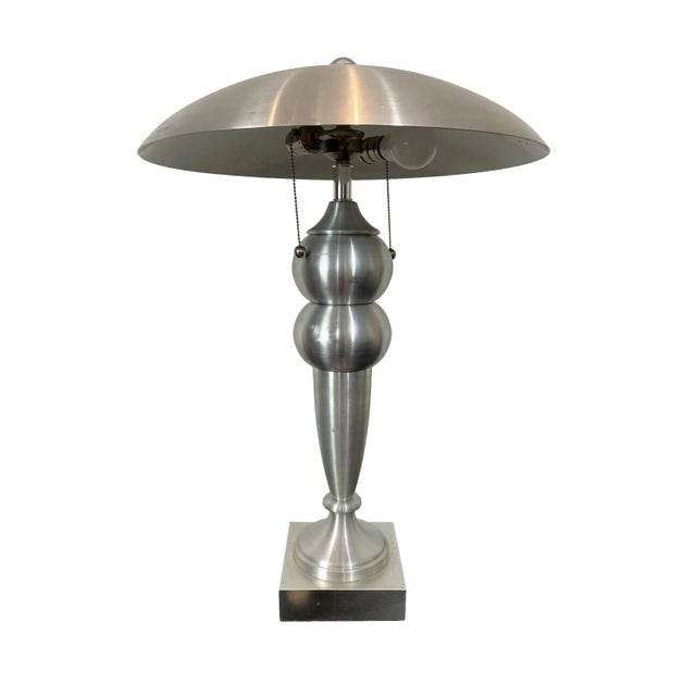 1970s Mid-Century Modern Brushed Aluminum Lamp and Shade With Lucite Finial, French For Sale - Image 5 of 5