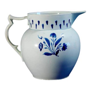 English Pearlware Pottery Large Underglaze Blue Jug With Flowers and Drapery Circa 1820–1830 For Sale