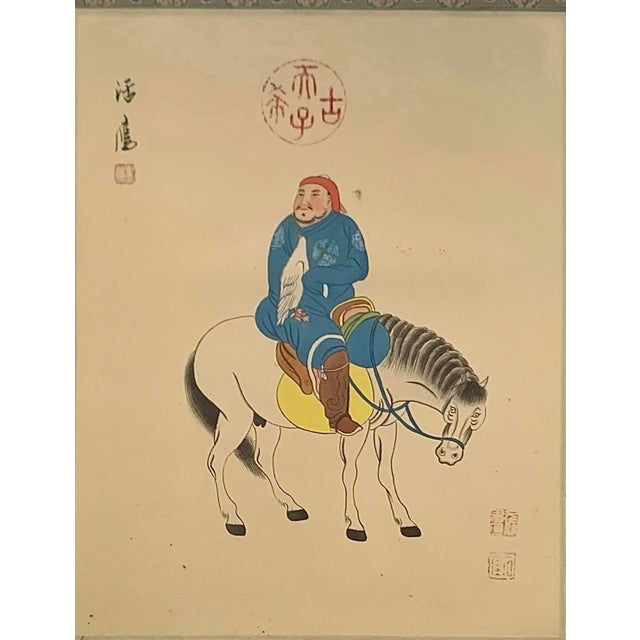 Vintage Framed Chinese Horseman and Falcon Painting on Silk Matting Wall Art For Sale - Image 4 of 7