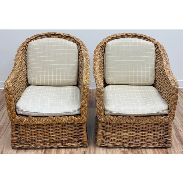 Mid 20th Century Vintage Braided Wicker Club Chair Pair With Ottoman For Sale - Image 5 of 16