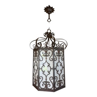1920s Spanish Revival Wrought Iron Lantern Chandelier For Sale