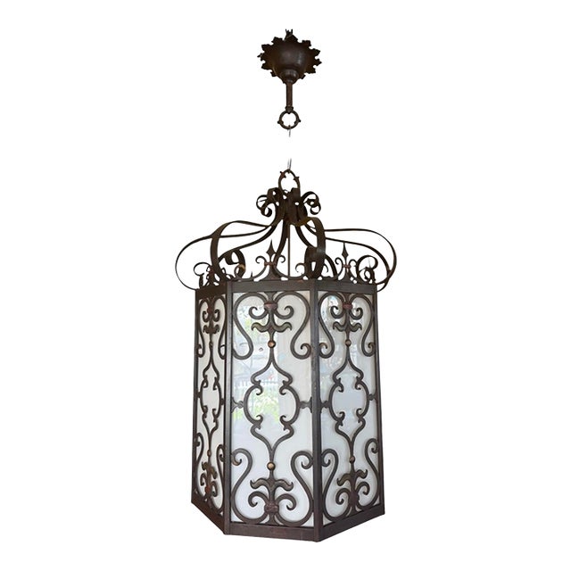1920s Spanish Revival Wrought Iron Lantern Chandelier For Sale