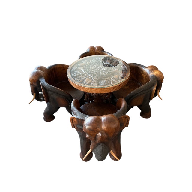 Hand-Carved Wooden Elephant Table Set, Set of 5 For Sale - Image 9 of 9