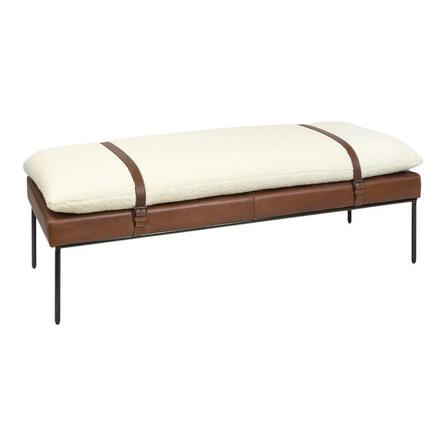 Regina Andrew Aspen Leather & Boucle Faux Wool Bench, White For Sale