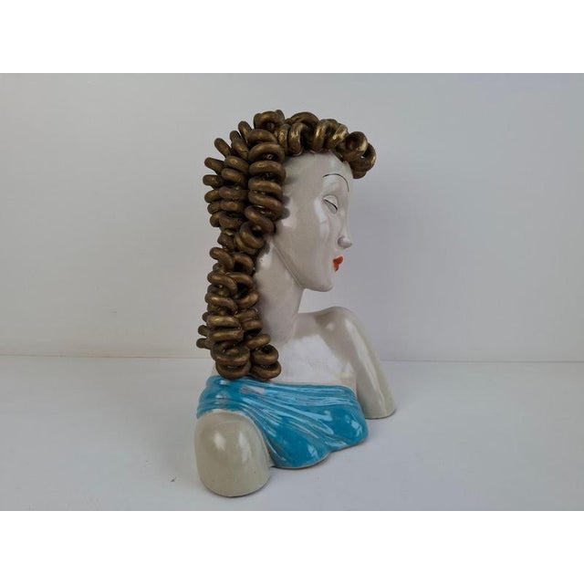 Art Deco Ceramic Bust of a Woman with Gilded Curled Hair, Czechoslovakia, 1930s For Sale - Image 16 of 18