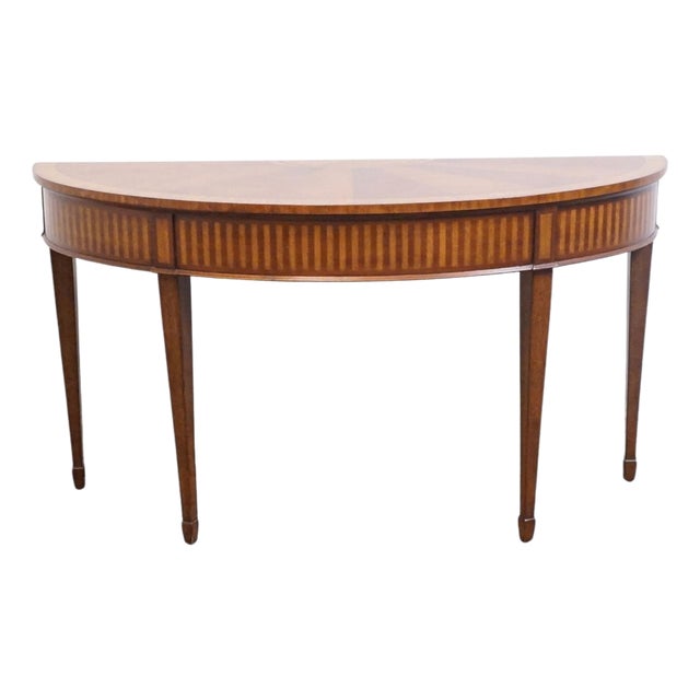 Ethan Allen Newman Collection Mahogany Sunburst Traditional Federal Hepplewhite Style 56" Demilune Sofa Table 34-9401 For Sale