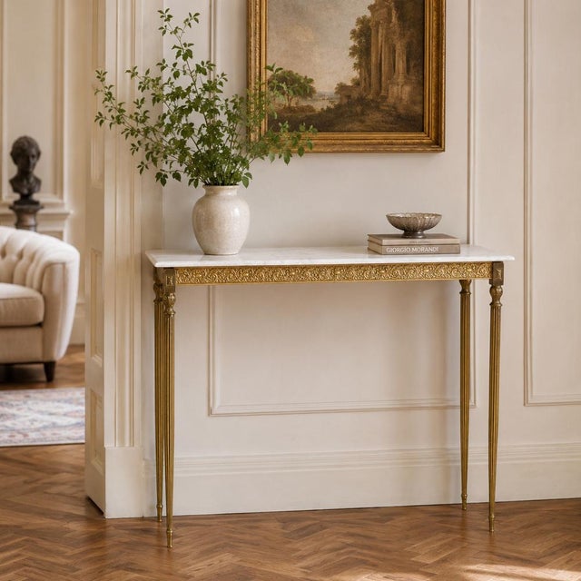 Antique Italian Brunished and Gilt Brass Console with Carrara Marble Top, Venice, 1920s For Sale - Image 6 of 9