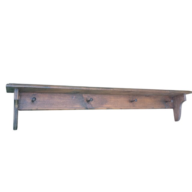 Wood Vintage Farmhouse English Cottage Wooden Wall Shelf With Peg Hooks For Sale - Image 7 of 17