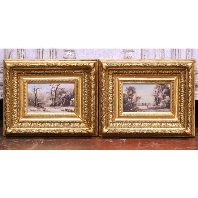 Pair of 19th Century French Barbizon Pendants Landscape Paintings in Gilt Frames For Sale - Image 9 of 14